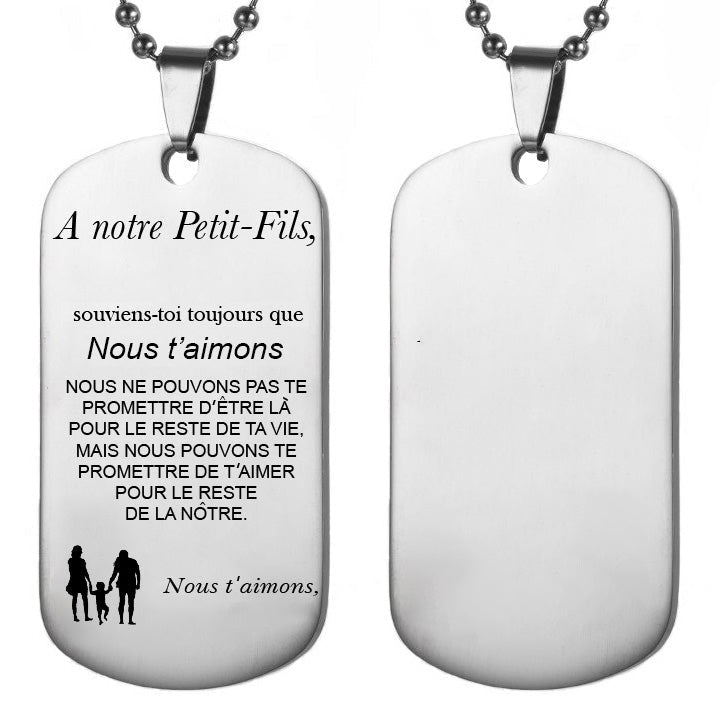 Collier plaque militaire gravé « A notre Petit-Fils » avec silhouette de couple et enfant - Les Bijoux de Marilou