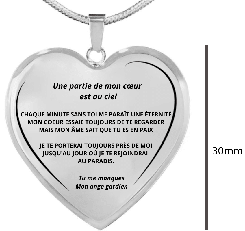 Collier mon ange pendentif cœur gravé vue de face avec indication de taille 30mm - Les Bijoux de Marilou