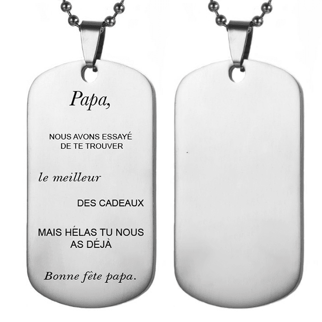 Collier bonne fête papa gravé vue rapprochée plaque acier inoxydable