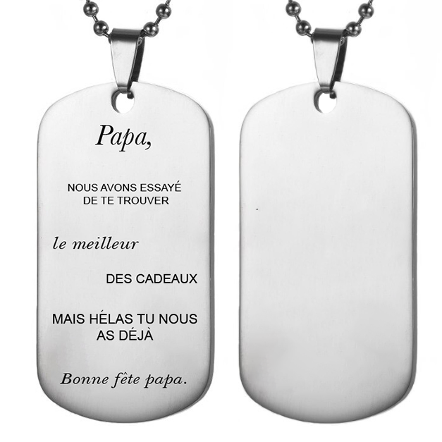 Collier bonne fête papa gravé vue rapprochée plaque acier inoxydable