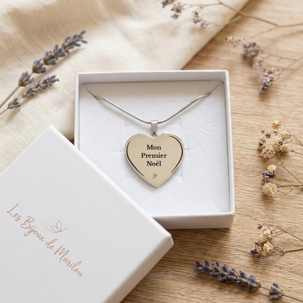 Collier Cœur gravé Mon Premier Noël dans son écrin - Les Bijoux de Marilou