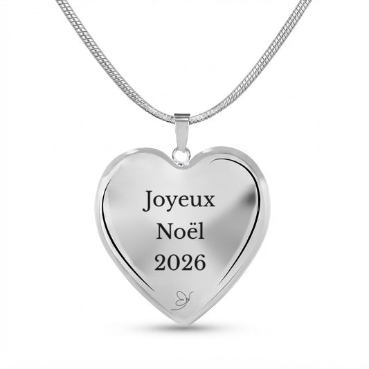 Collier Cœur gravé Joyeux Noël 2026 sur fond blanc - Les Bijoux de Marilou