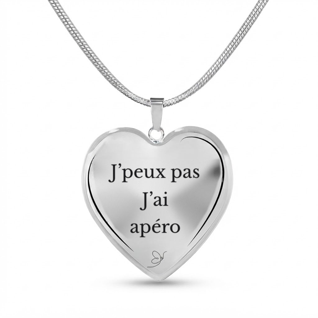 Collier Cœur gravé J'peux pas j'ai Apéro sur fond blanc - Les Bijoux de Marilou