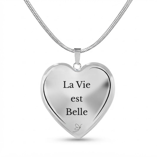 Collier Cœur gravé La Vie est Belle sur fond blanc - Les Bijoux de Marilou