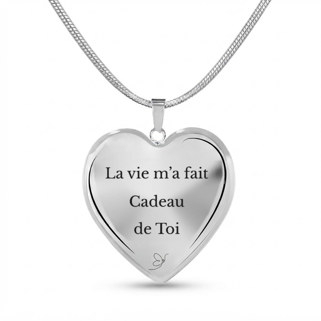 Collier Cœur gravé La vie m'a fait Cadeau de Toi sur fond blanc - Les Bijoux de Marilou