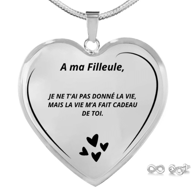 Parure collier cœur A ma Filleule gravé et boucles d'oreilles infinies offertes