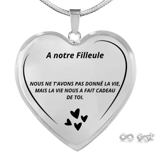 Parure collier cœur notre filleule gravé boucles d'oreilles cadeau marraine