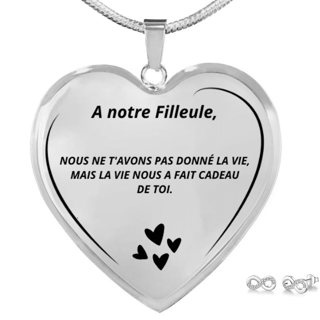 Parure collier cœur A notre Filleule gravé et boucles d'oreilles infinies offertes