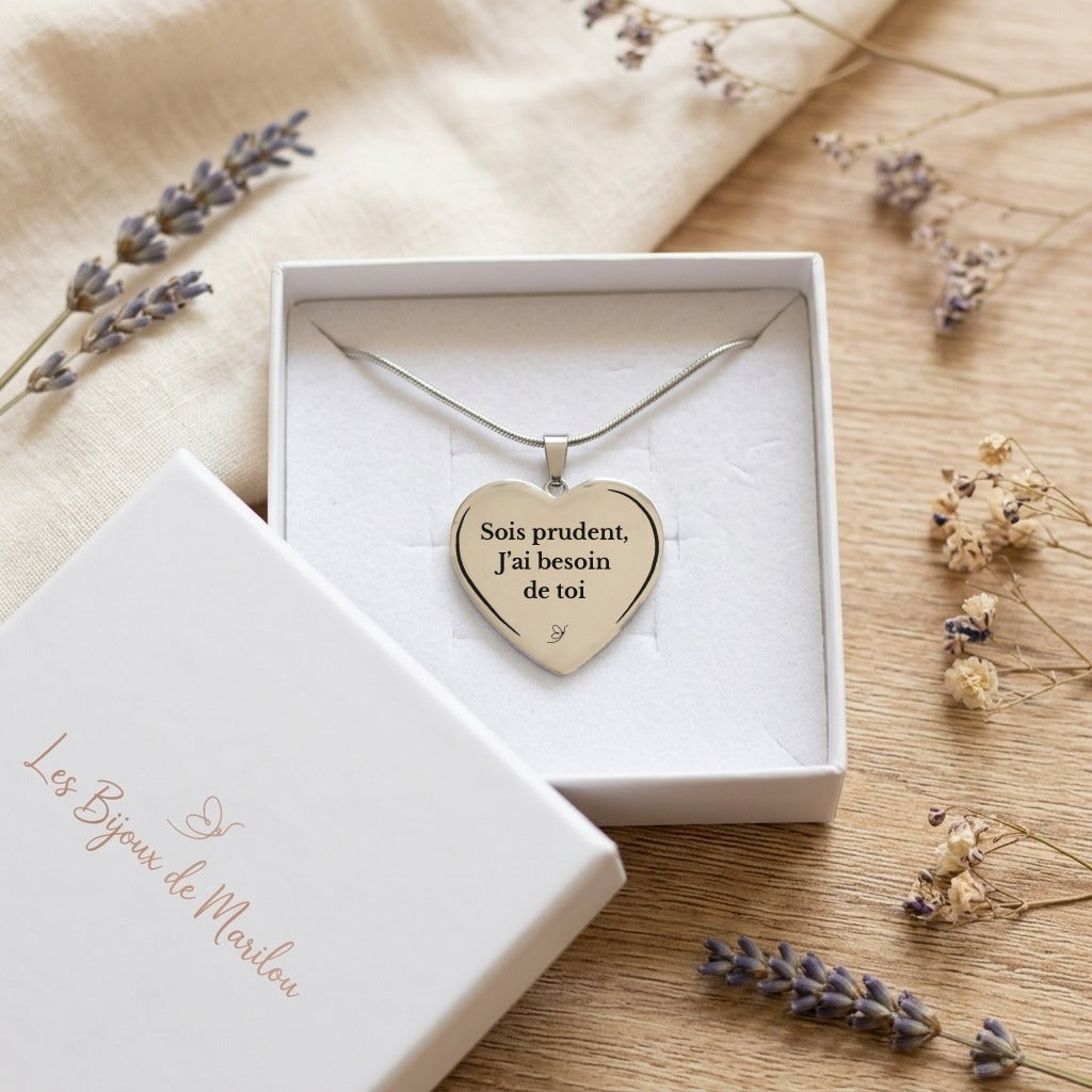 Collier Cœur gravé Sois prudent, J'ai besoin de toi dans son écrin - Les Bijoux de Marilou