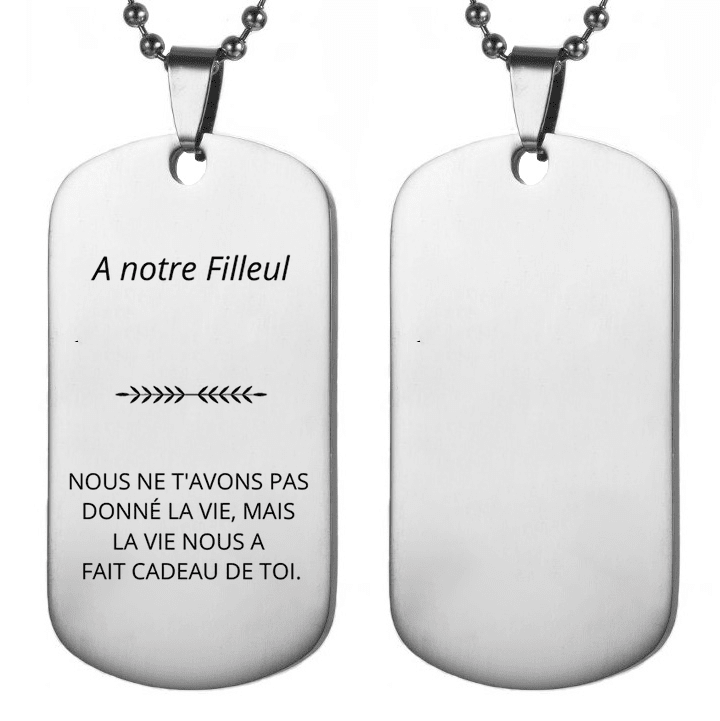 Collier filleul plaque militaire version « A notre Filleul », seconde prise de vue recto gravé et verso vierge à personnaliser
