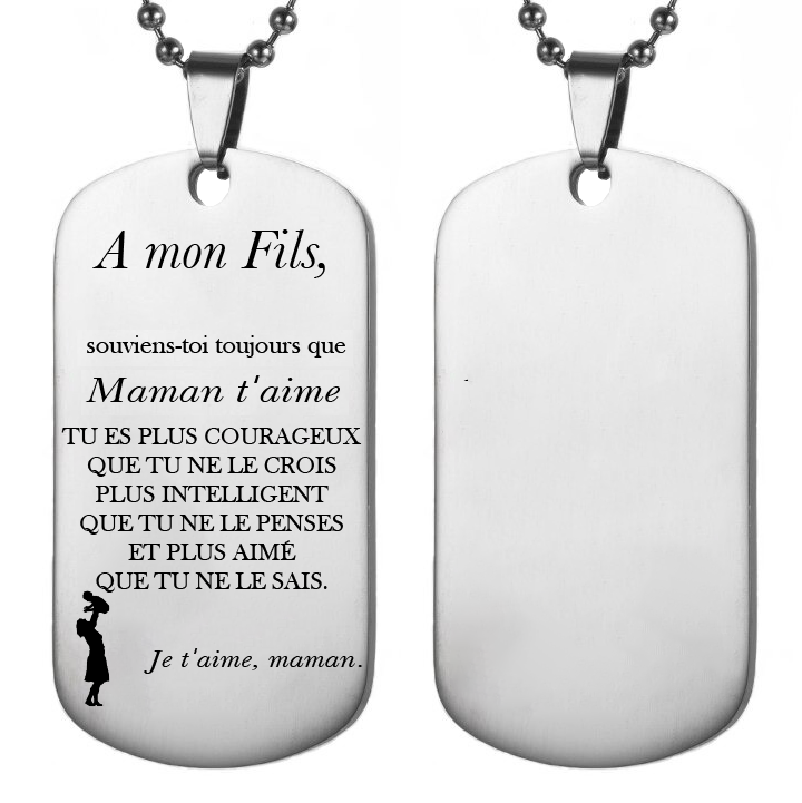 Collier fils gravé Maman t'aime avec silhouette maman et fils
