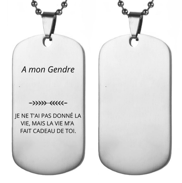 Collier Gendre « A mon Gendre » vue recto-verso, plaque acier avec verso vierge personnalisable