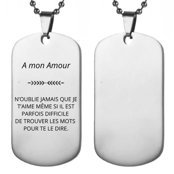 Collier plaque militaire gravée « A mon Amour » sur chaîne bille, dos vierge - Les Bijoux de Marilou