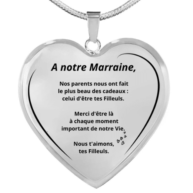 Collier cœur gravé « A notre Marraine » signé tes Filleuls, chaîne maille ronde - Les Bijoux de Marilou