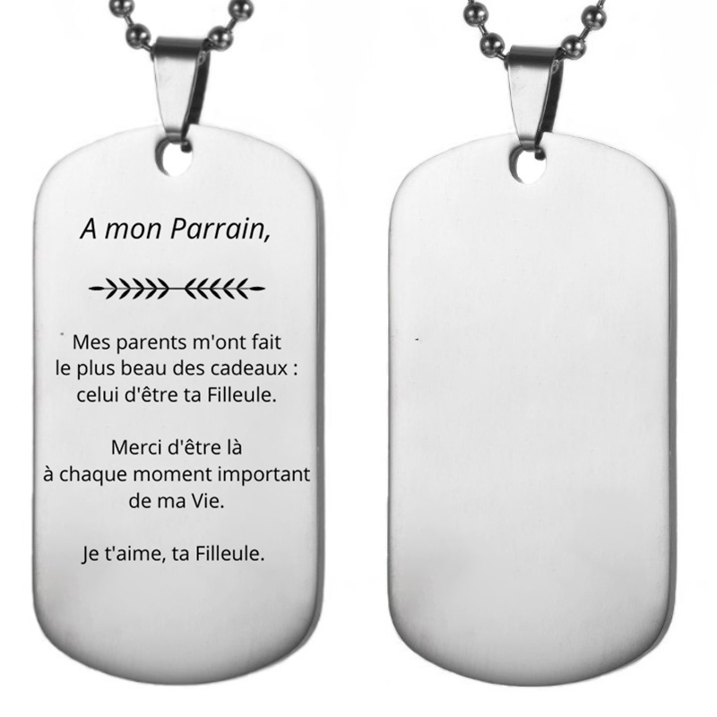 Collier parrain plaque gravée A mon Parrain recto avec texte filleule