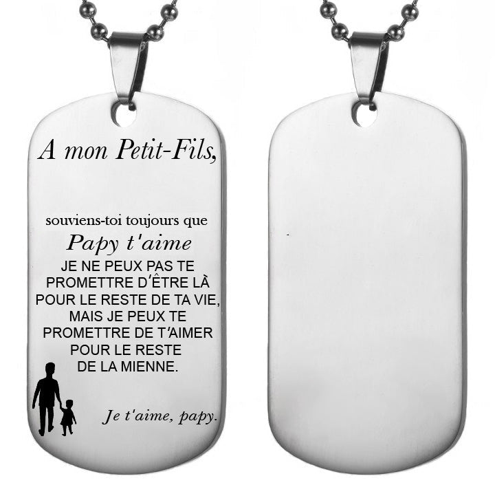 Collier petit-fils gravé Papy t'aime avec silhouette grand-père - Les Bijoux de Marilou