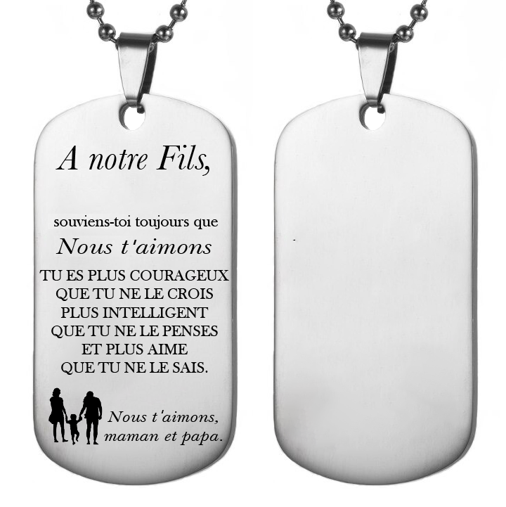 Collier plaque gravé A mon Fils de la part de Maman et Papa