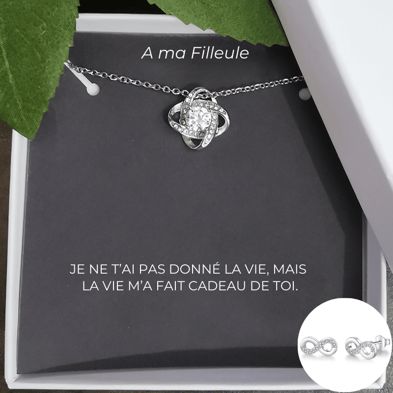 Collier filleule trèfle avec boucles d'oreilles infinies assorties et carte À ma Filleule - Les Bijoux de Marilou