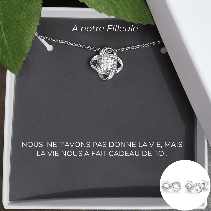 Collier filleule trèfle avec boucles d'oreilles infinies assorties et carte À notre Filleule - Les Bijoux de Marilou