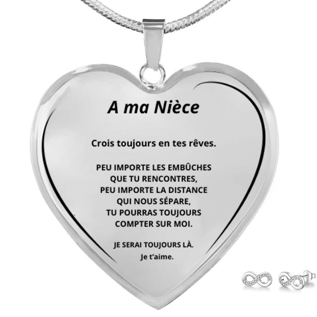 Parure collier cœur pour ma nièce gravé A ma Nièce Avec Amour et boucles d'oreilles infinies 