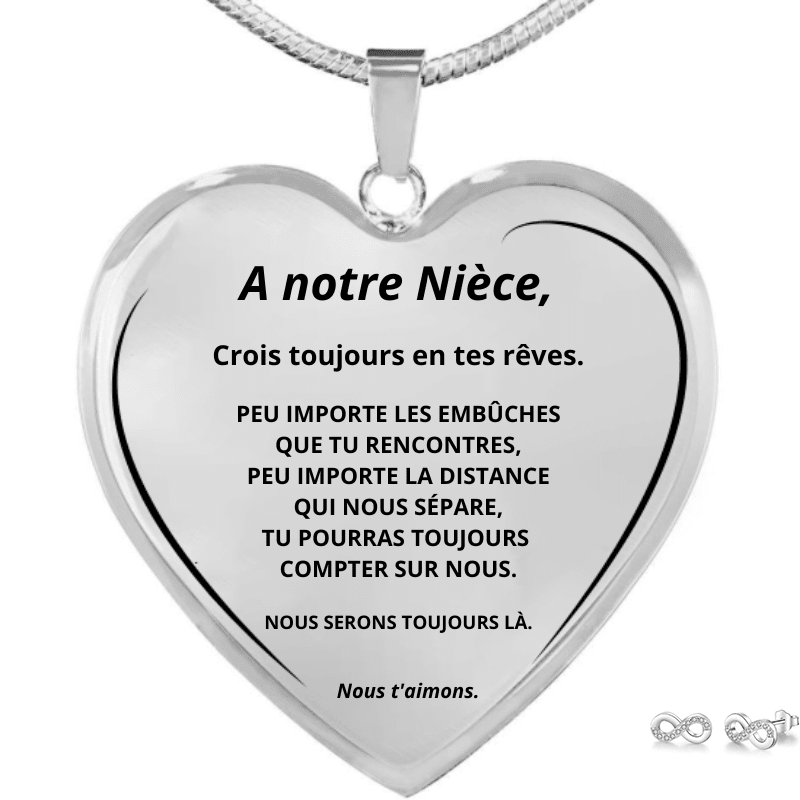 Parure collier cœur pour ma nièce gravé A notre Nièce et boucles d'oreilles infinies 