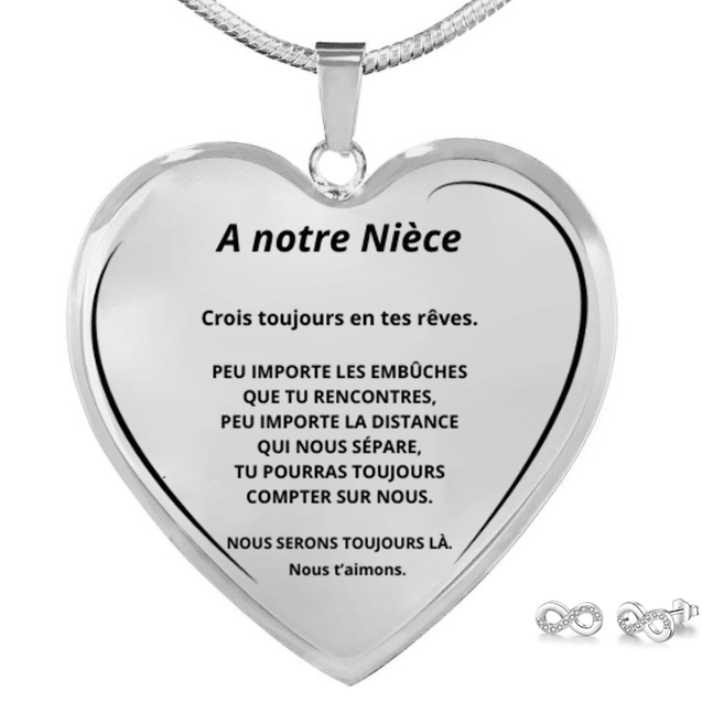 Parure collier cœur pour ma nièce gravé A notre Nièce Nous t'aimons et boucles d'oreilles infinies 