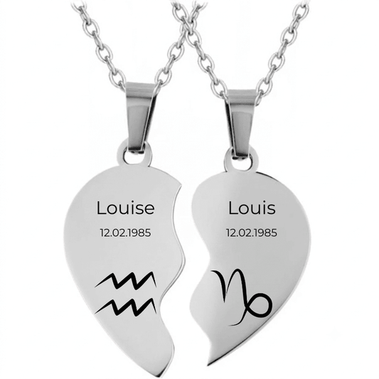 Collier duo cœur brisé gravé signe astrologique compatibilité, prénoms Louise et Louis, exemple de personnalisation