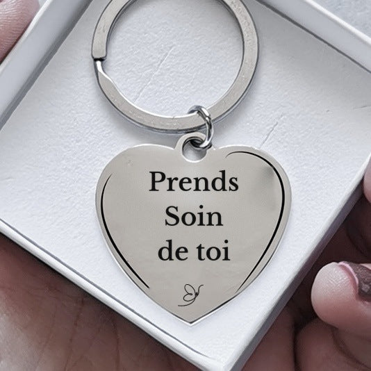 Porte-Clé Cœur gravé Prends Soin de Toi dans son écrin - Les Bijoux de Marilou