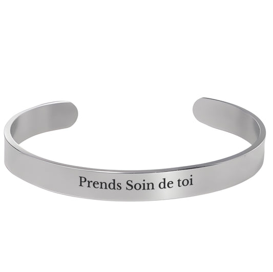 Bracelet Jonc gravé Prends Soin de Toi sur fond blanc - Les Bijoux de Marilou