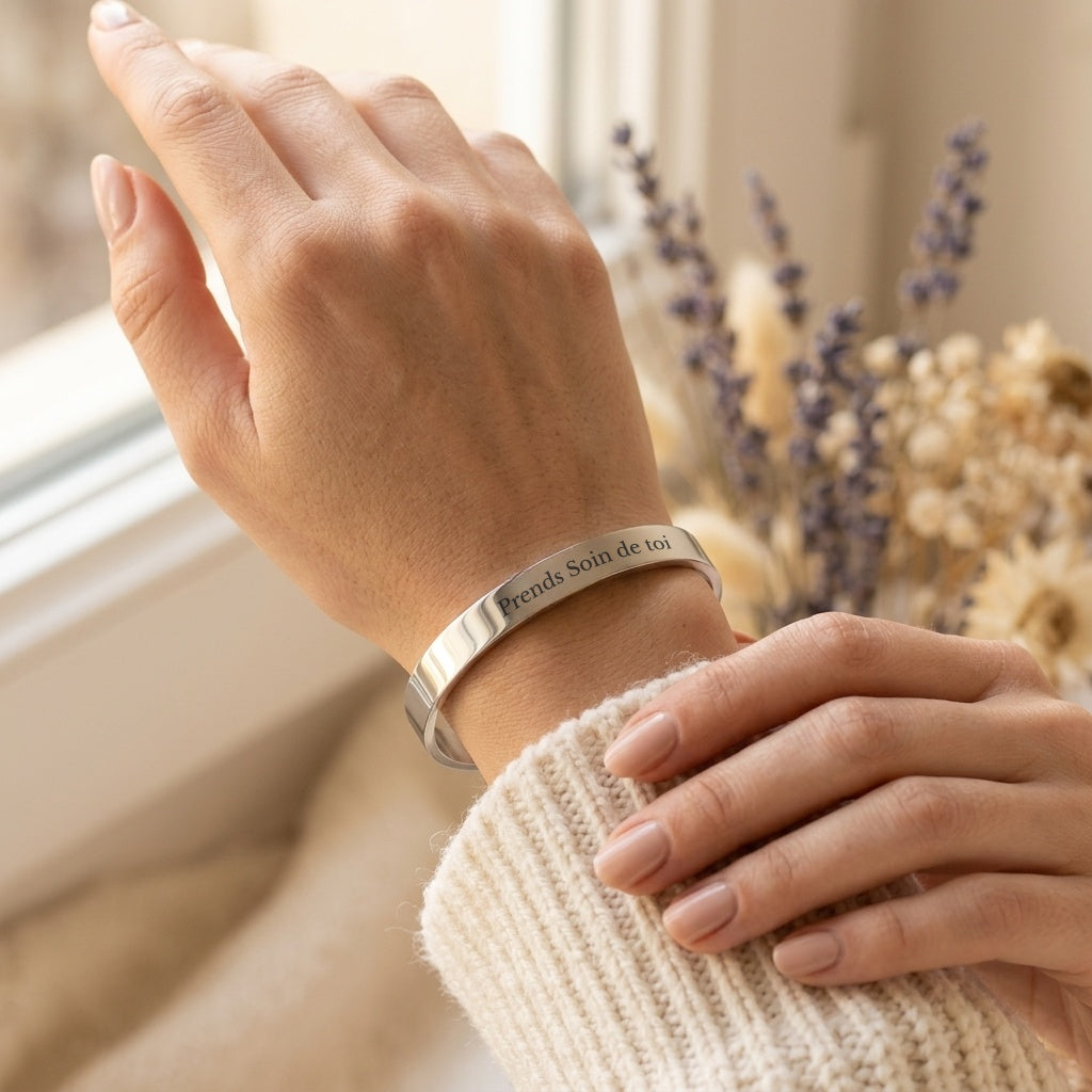 Bracelet Jonc gravé Prends Soin de Toi porté au poignet - Les Bijoux de Marilou