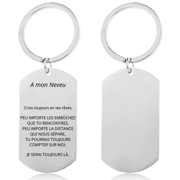 Porte-clé à mon neveu, seconde prise de vue de la plaque militaire gravée et de son verso vierge