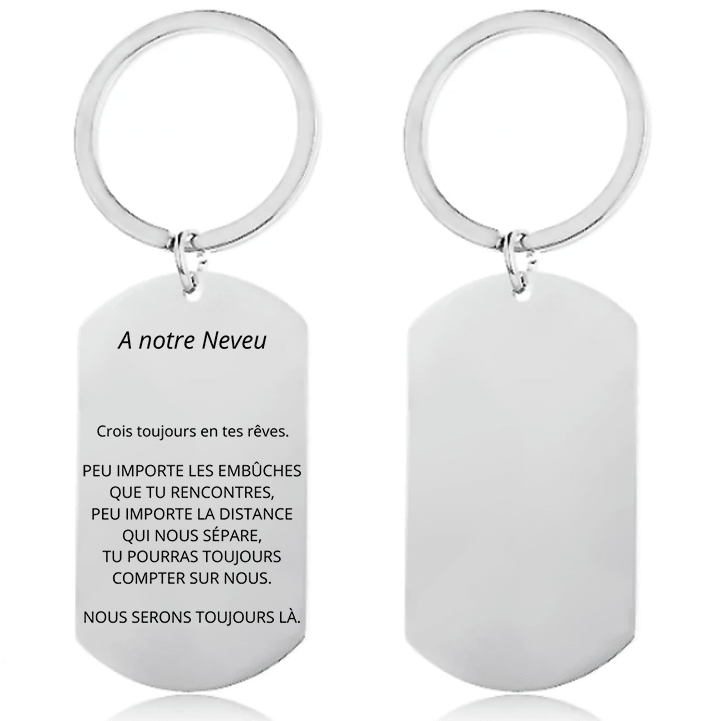 Porte-clé à notre neveu, seconde prise de vue de la plaque militaire gravée et de son verso vierge