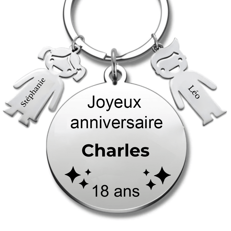 Porte-clé Joyeux Anniversaire 18 ans gravé avec prénom et breloques personnalisés
