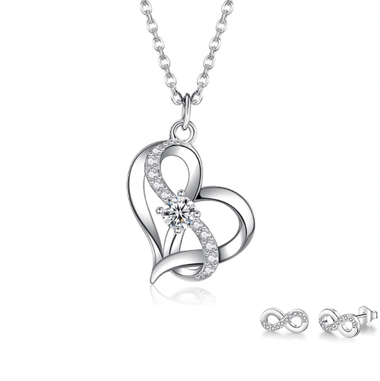 Parure Collier Boucles d'Oreilles Infini Double en Argent Sterling 925, pendentif cœur infini avec cristal