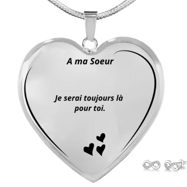Parure collier cœur A ma Sœur gravé et boucles d'oreilles infinies offertes