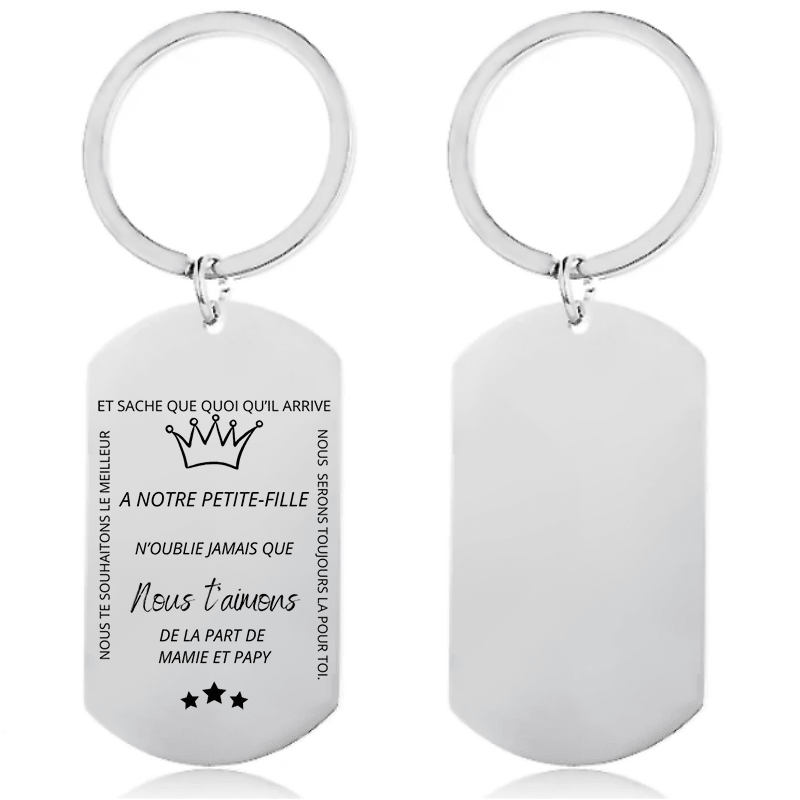 Porte-clé plaque acier gravé « À notre Petite-Fille, nous t'aimons, de la part de Mamie et Papy »