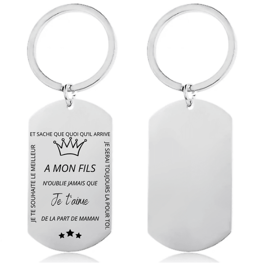 Porte-clé A Mon Fils personnalisé, plaque acier gravée « A mon Fils, n'oublie jamais que je t'aime, de la part de Maman »