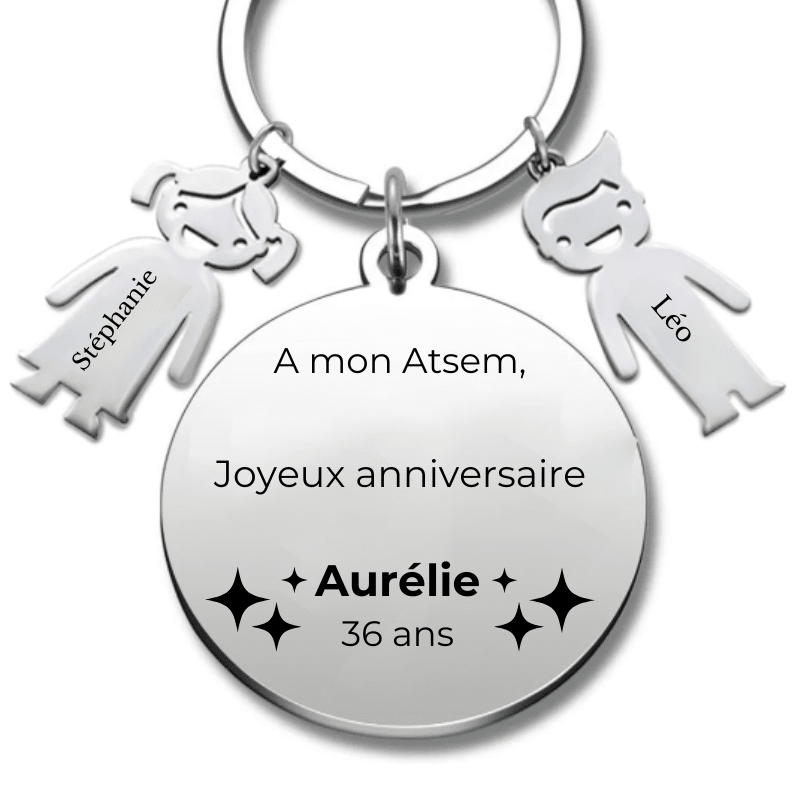 Porte Clé ATSEM Joyeux Anniversaire ATSEM - A personnaliser (Prénom/Age) - Les Bijoux de Marilou