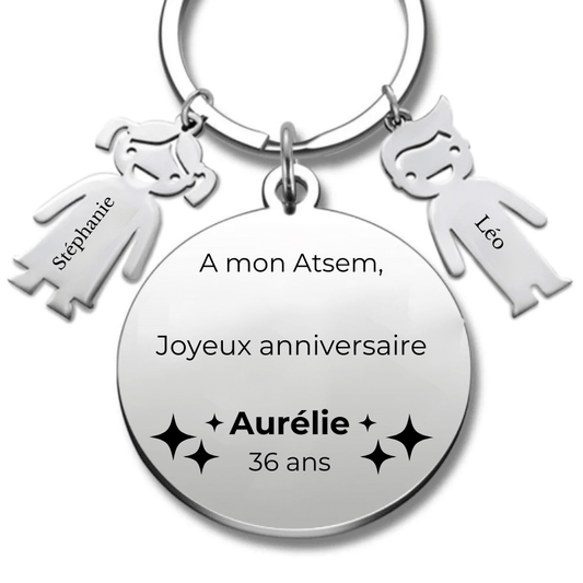 Porte Clé ATSEM Joyeux Anniversaire ATSEM - A personnaliser (Prénom/Age) - Les Bijoux de Marilou