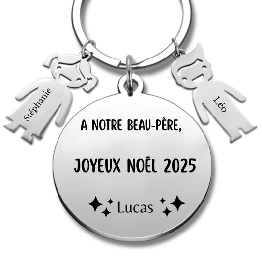 Version « A notre beau-père » du porte-clé Joyeux Noël beau-père, médaille gravée du prénom Lucas