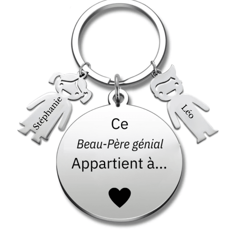 Porte-clé médaillon gravé « Ce Beau-Père génial appartient à… » avec breloques prénoms Stéphanie et Léo