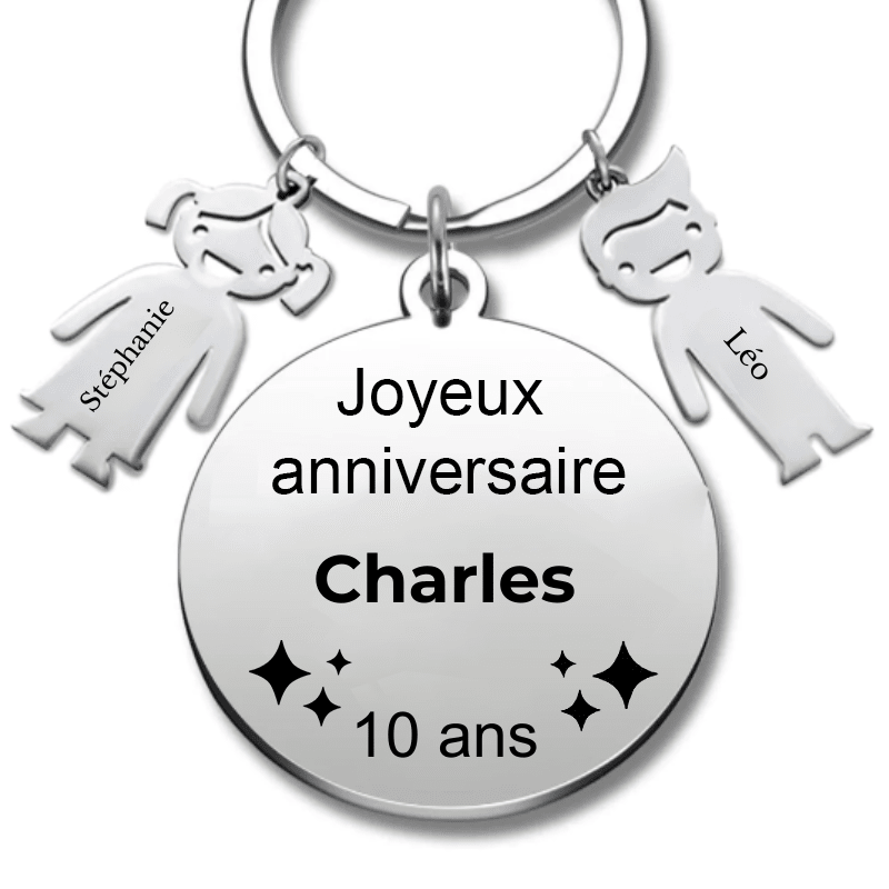 Porte-clé joyeux anniversaire 10 ans gravé personnalisé avec prénom et breloques