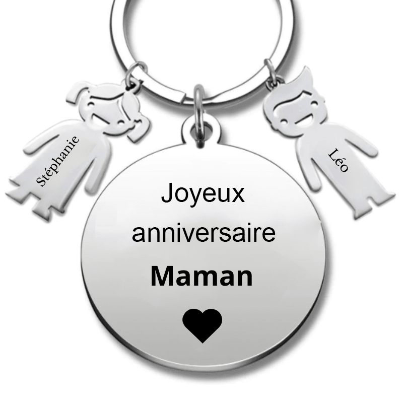 Porte-clé joyeux anniversaire maman personnalisé gravé avec cœur et breloques prénoms enfants
