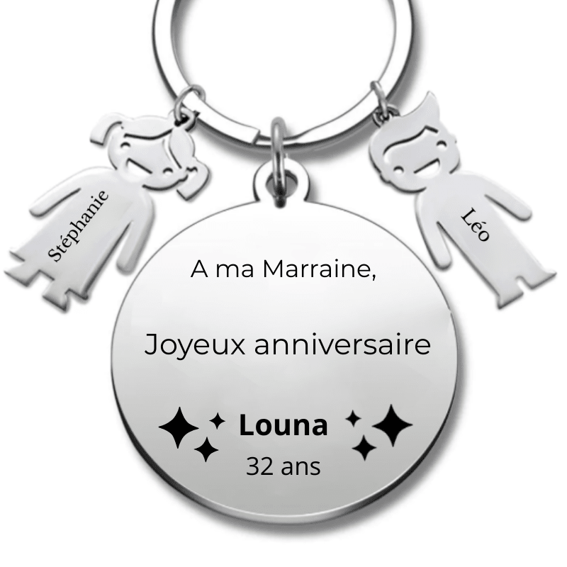 Porte-clé joyeux anniversaire marraine personnalisé gravé A ma Marraine avec prénom âge et breloques