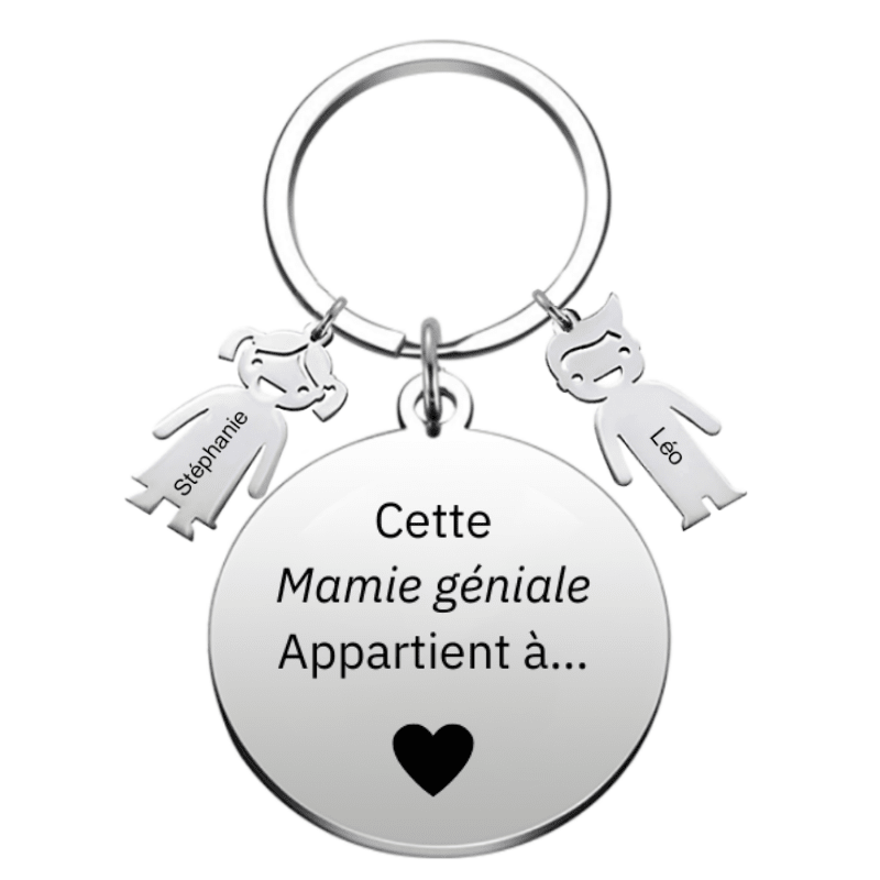 Porte-clé médaille ronde Cette Mamie géniale appartient à avec breloques enfant gravées aux prénoms - Les Bijoux de Marilou