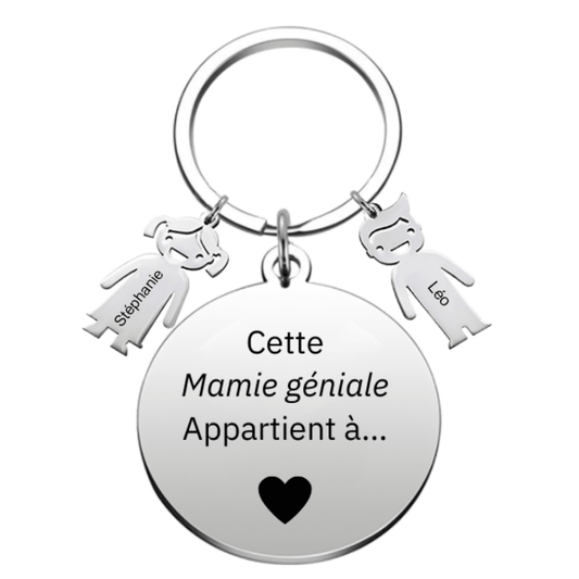Porte-clé médaille ronde Cette Mamie géniale appartient à avec breloques enfant gravées aux prénoms
