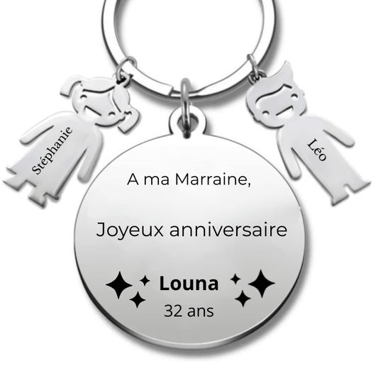 Porte-clé marraine joyeux anniversaire gravé personnalisé avec prénom âge et breloques filleuls