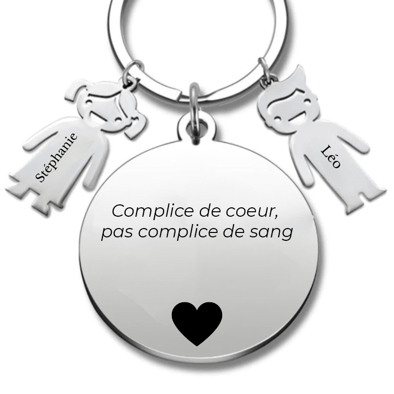 Porte-clé meilleur ami gravé Complice de cœur pas complice de sang avec breloques prénoms