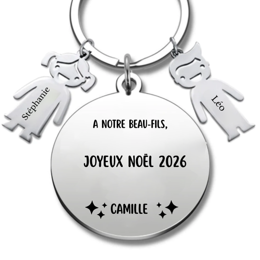 Porte-clé rond gravé 'À notre Beau-Fils, Joyeux Noël' avec prénom Lucas en breloque - Les Bijoux de Marilou