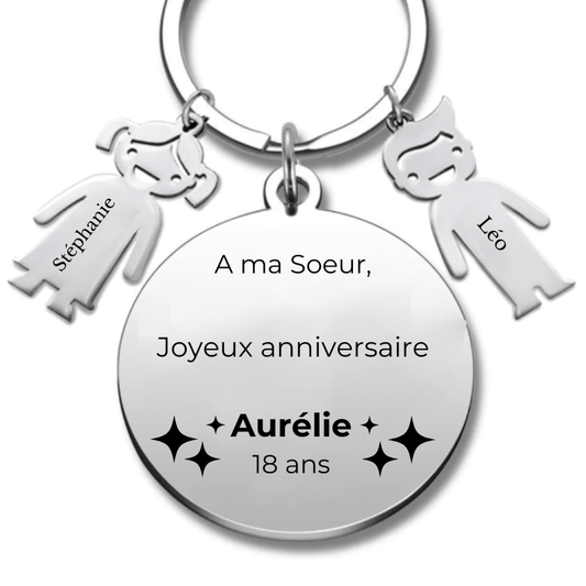 Porte - clé Soeur personnalisé Joyeux Anniversaire ma Soeur - A personnaliser (Prénom/Age) - Les Bijoux de Marilou